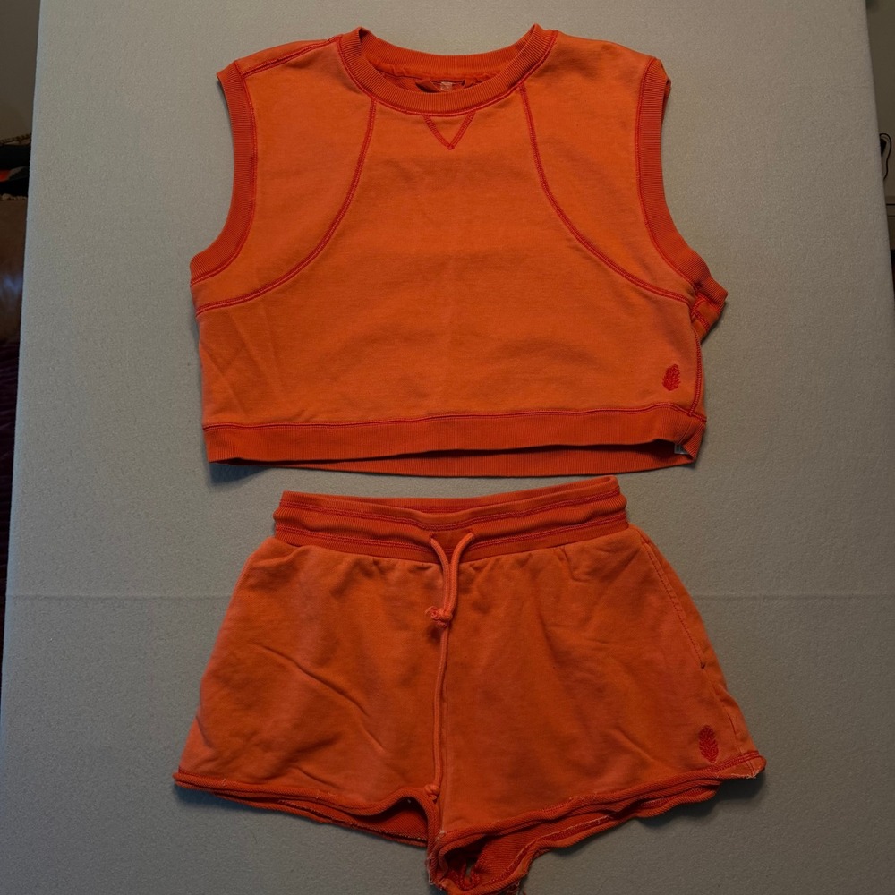 FP Movement Free People Time after Time Set Sweatshirt Shorts Orange Sz Med